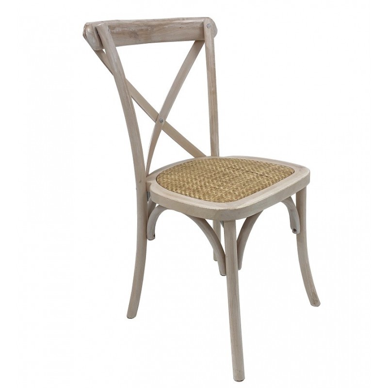 Silla CROSS, apilable, madera de haya, blanco vintage, asiento de ratán (Pack de 4 unidades)