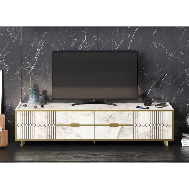 Mueble de TV ELOISE, biIaminado mármol blanco con detalles dorados, 180 cms.