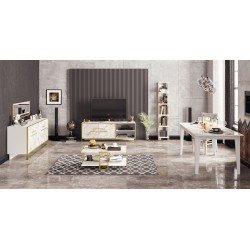 Mueble de TV SIENA, biIaminado mármol blanco con metal dorado, 160 cms.