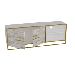 Mueble de TV SIENA, biIaminado mármol blanco con metal dorado, 160 cms.