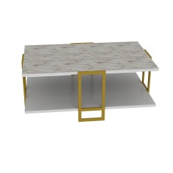 Mesa baja SIENA, biIaminado mármol blanco, con metal dorado 91,5 cms.