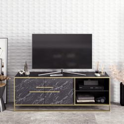 Mueble de TV SIENA, biIaminado mármol blanco con metal dorado, 160 cms.