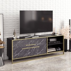 Mueble de TV SIENA, biIaminado mármol negro con metal dorado, 160 cms.