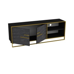 Mueble de TV SIENA, biIaminado mármol negro con metal dorado, 160 cms.